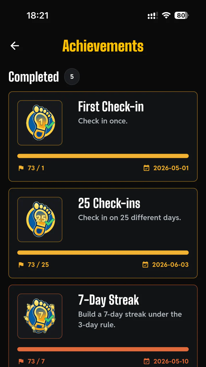 LEGION IX app achievements showing completed check-in, streak, and PR milestones