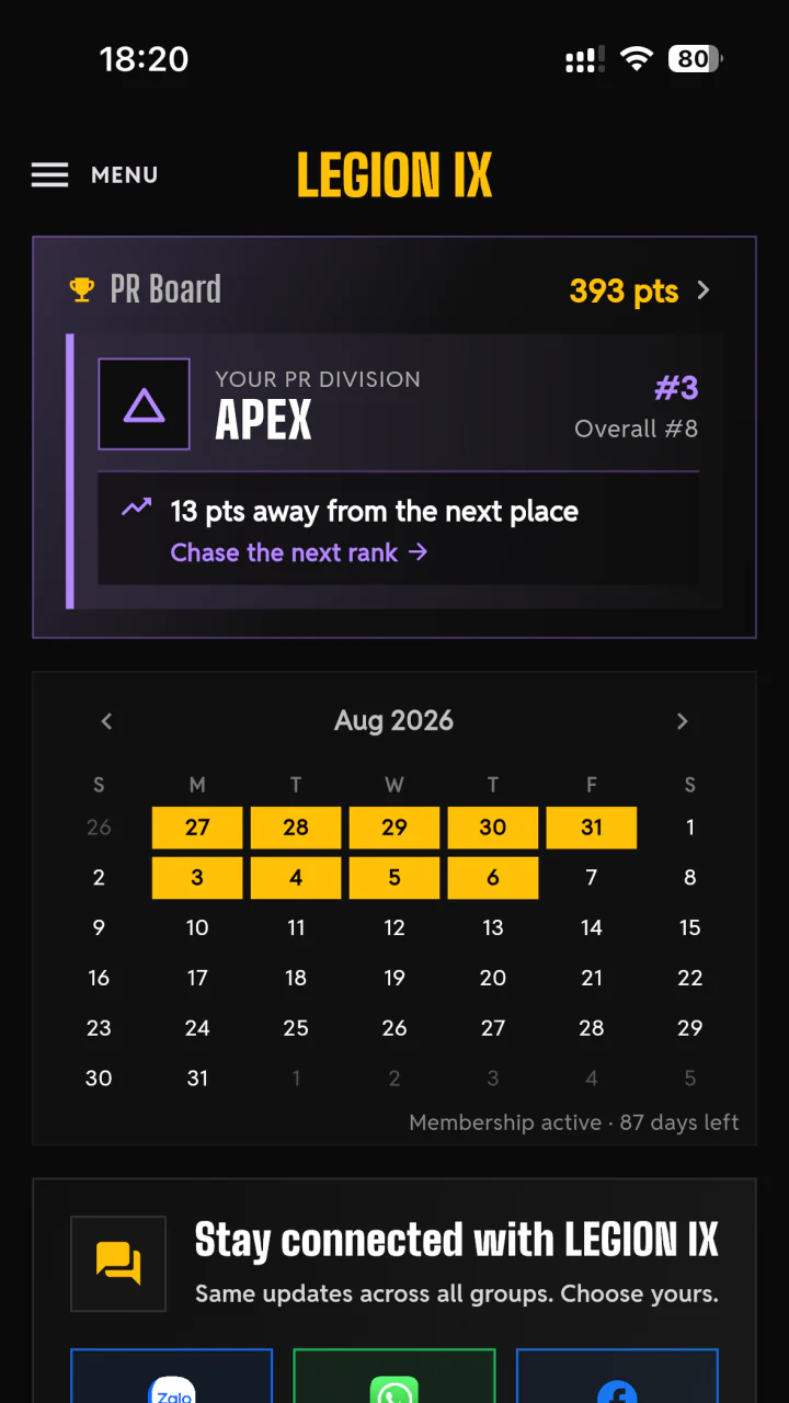 LEGION IX app showing PR division, attendance calendar, and community channels