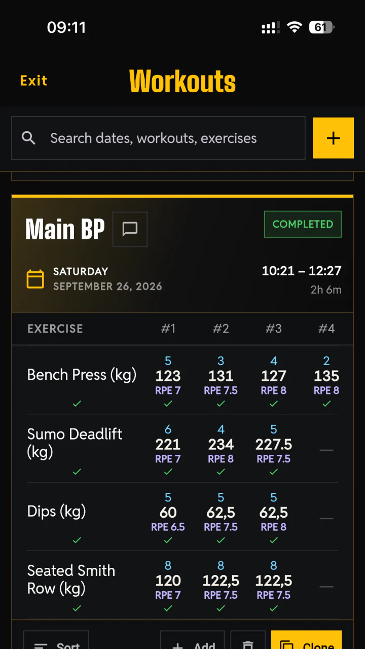 LEGION IX workout tracker showing a completed training session with exercises, sets, reps, weights, and RPE